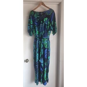 NWT Ellos Women's Maxi Jumpsuit Size 24 Green Blue Tropical Print With‎ Pockets